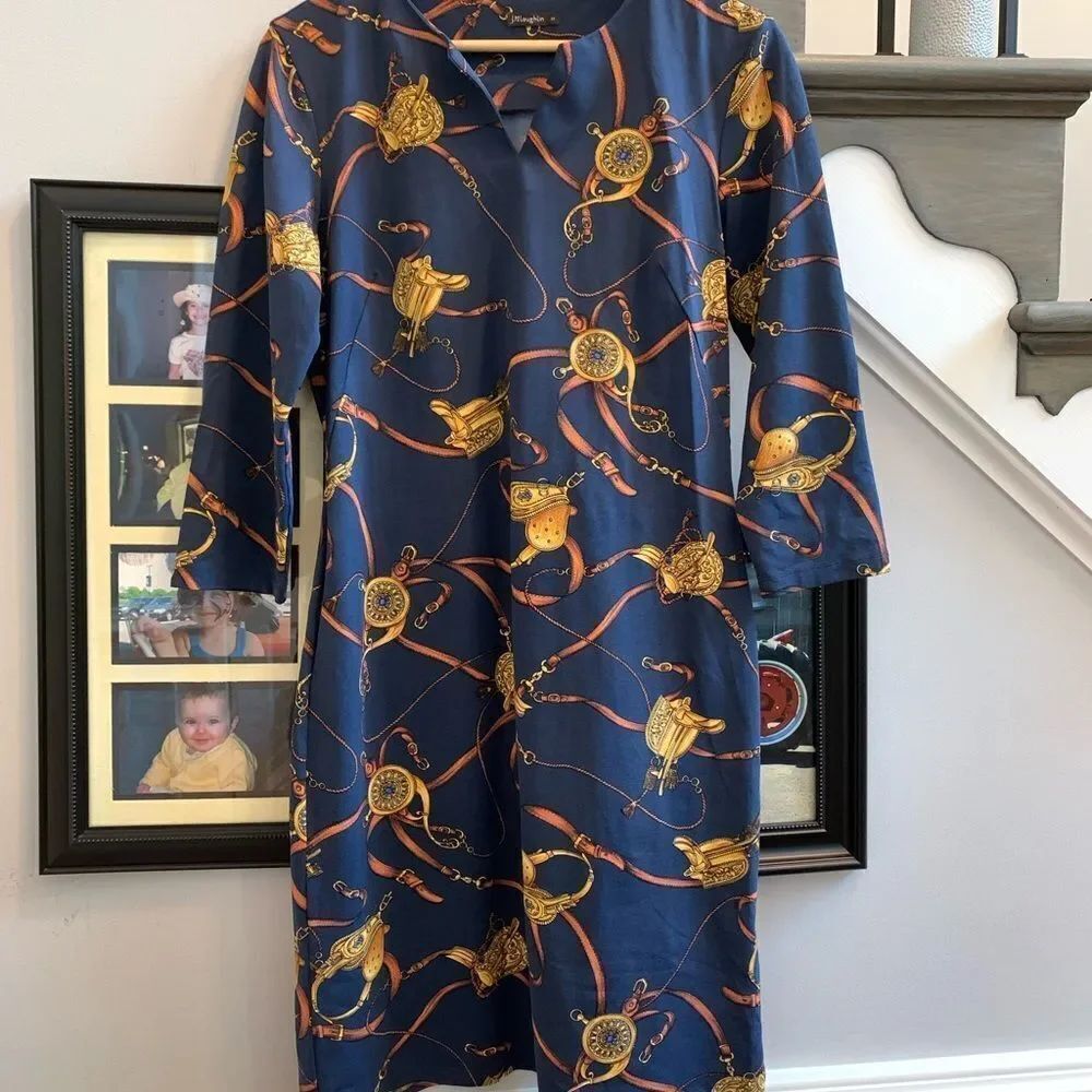 J. McLaughlin Navy 3/4 Sleeve Equestrian Motif Stretch Dress sz M EUC
